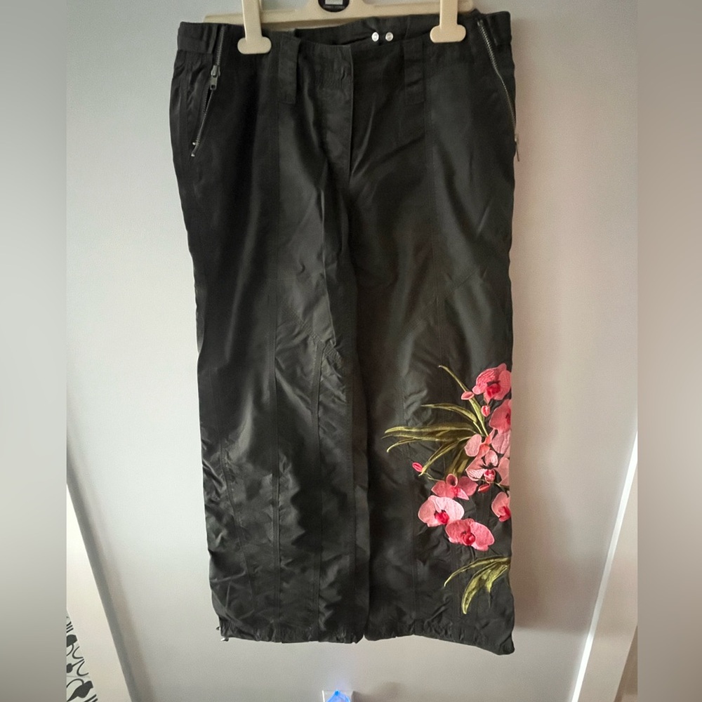River Island deep green combat style pants with flower embroidery.